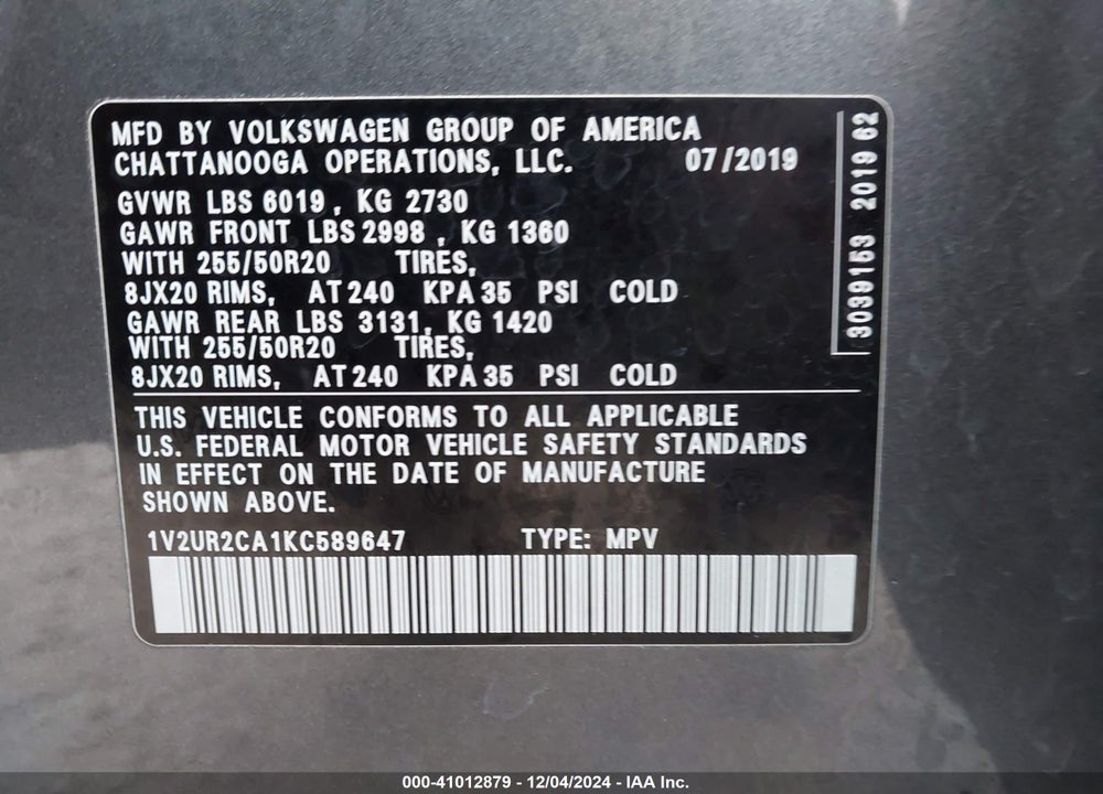 2019 VOLKSWAGEN ATLAS 3.6L V6 SE W/TECHNOLOGY VIN: 1V2UR2CA1KC589647