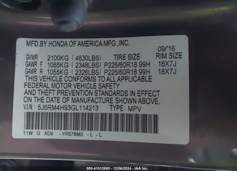 2016 HONDA CR-V TOURING VIN: 5J6RM4H93GL114213