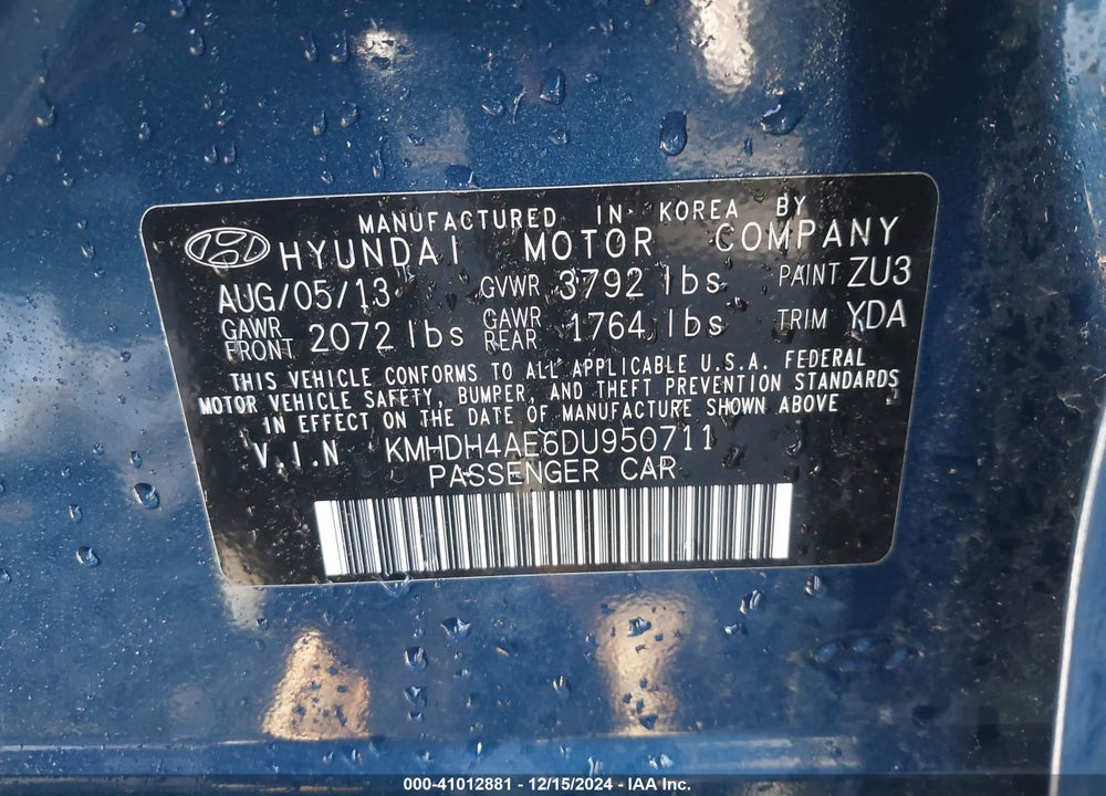 2013 HYUNDAI ELANTRA GLS VIN: KMHDH4AE6DU950711