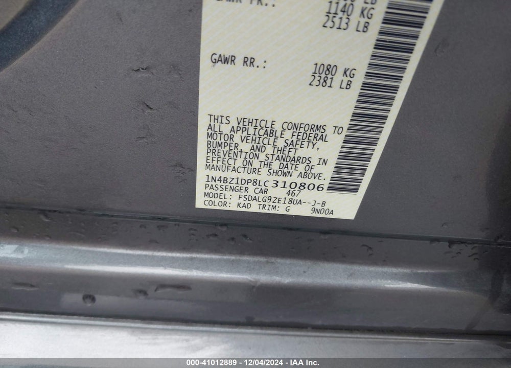 2020 NISSAN LEAF SL PLUS 62 KWH VIN: 1N4BZ1DP8LC310806
