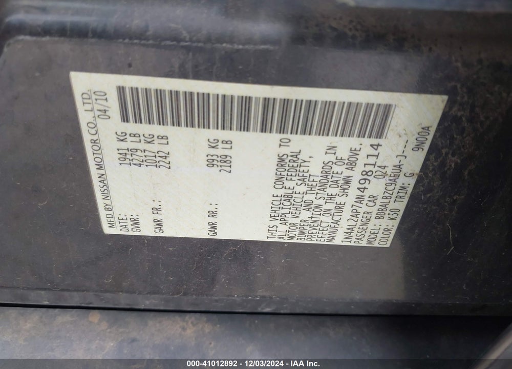 2010 NISSAN ALTIMA VIN: 1N4AL2AP7AN498114