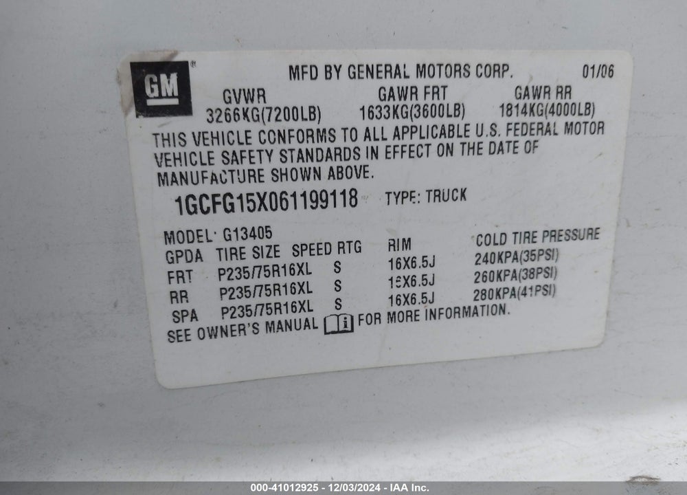 2006 CHEVROLET EXPRESS WORK VAN VIN: 1GCFG15X061199118