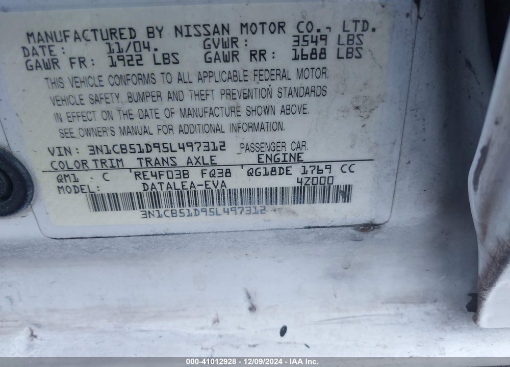 2005 NISSAN SENTRA 1.8S VIN: 3N1CB51D95L497312