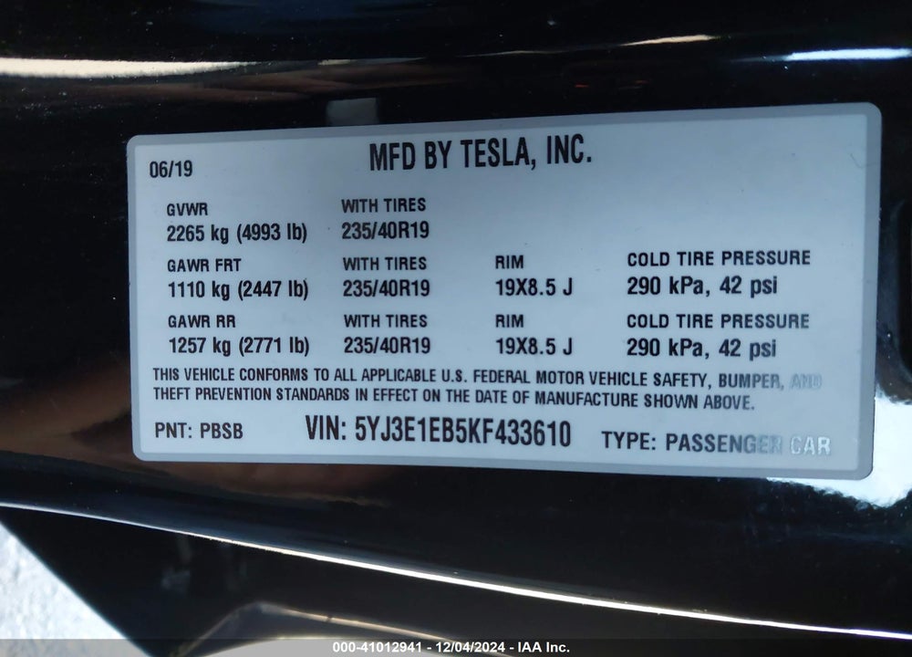 2019 TESLA MODEL 3 LONG RANGE/PERFORMANCE VIN: 5YJ3E1EB5KF433610