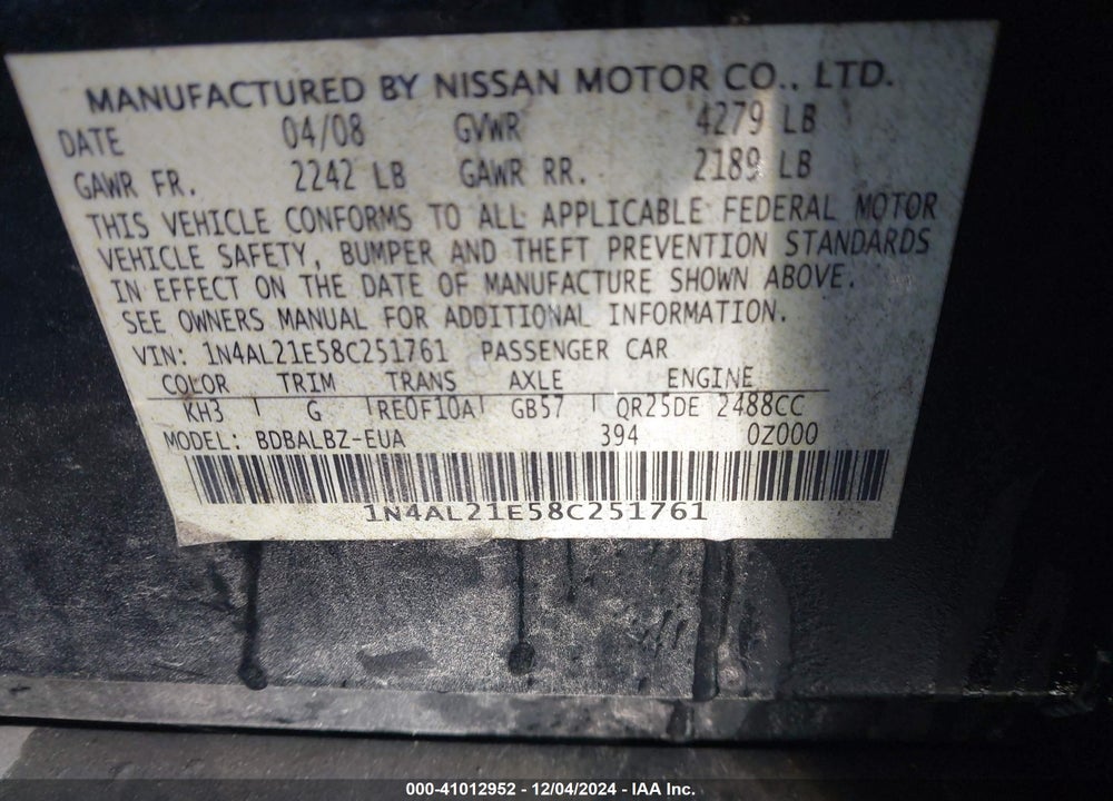 2008 NISSAN ALTIMA 2.5 S VIN: 1N4AL21E58C251761