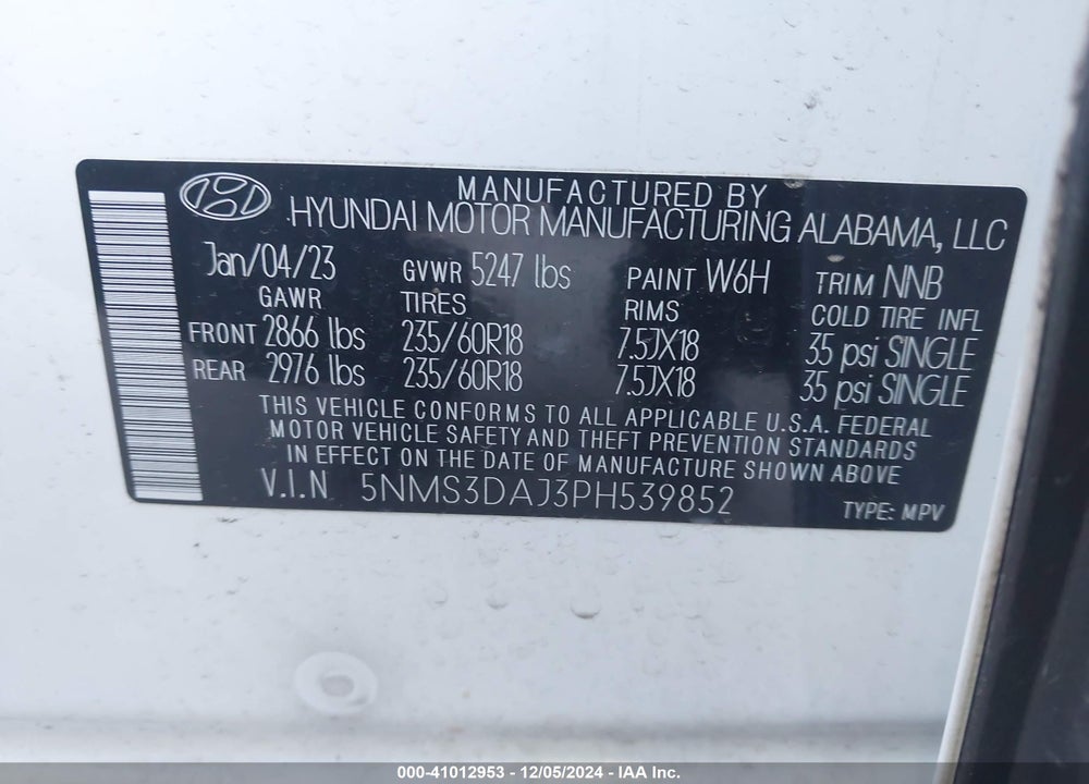 2023 HYUNDAI SANTA FE SEL VIN: 5NMS3DAJ3PH539852