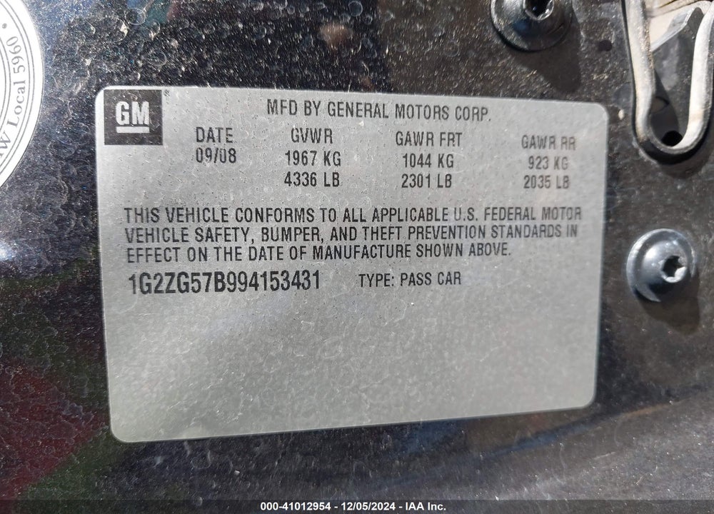 2009 PONTIAC G6 VIN: 1G2ZG57B994153431