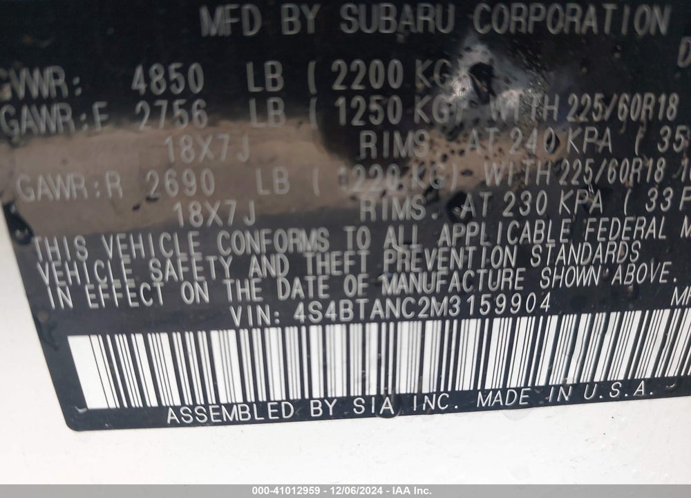 2021 SUBARU OUTBACK LIMITED VIN: 4S4BTANC2M3159904