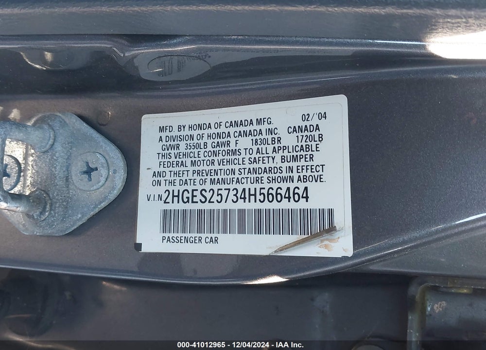 2004 HONDA CIVIC EX VIN: 2HGES25734H566464