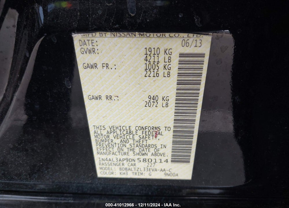 2013 NISSAN ALTIMA 2.5 SV VIN: 1N4AL3AP9DN580114