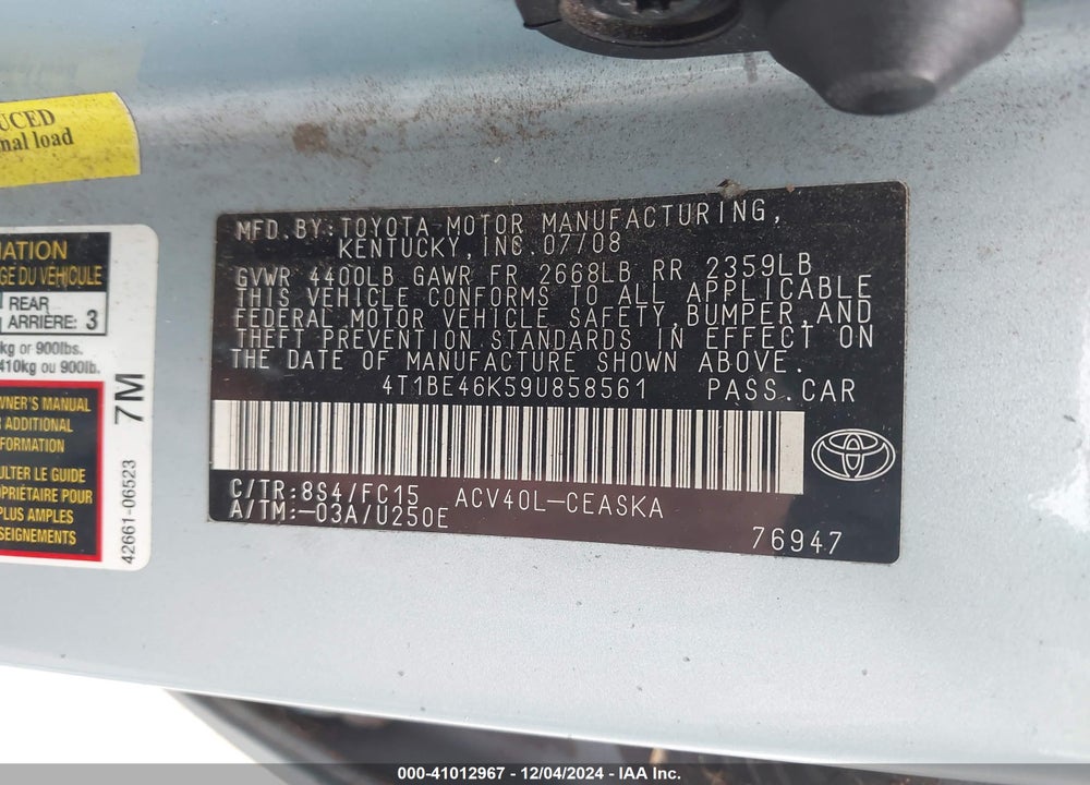 2009 TOYOTA CAMRY SE VIN: 4T1BE46K59U858561