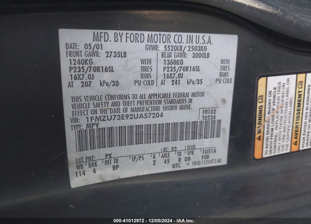 2002 FORD EXPLORER XLT VIN: 1FMZU73E92UA57204