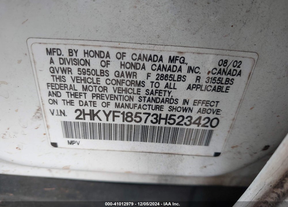 2003 HONDA PILOT EX-L VIN: 2HKYF18573H523420
