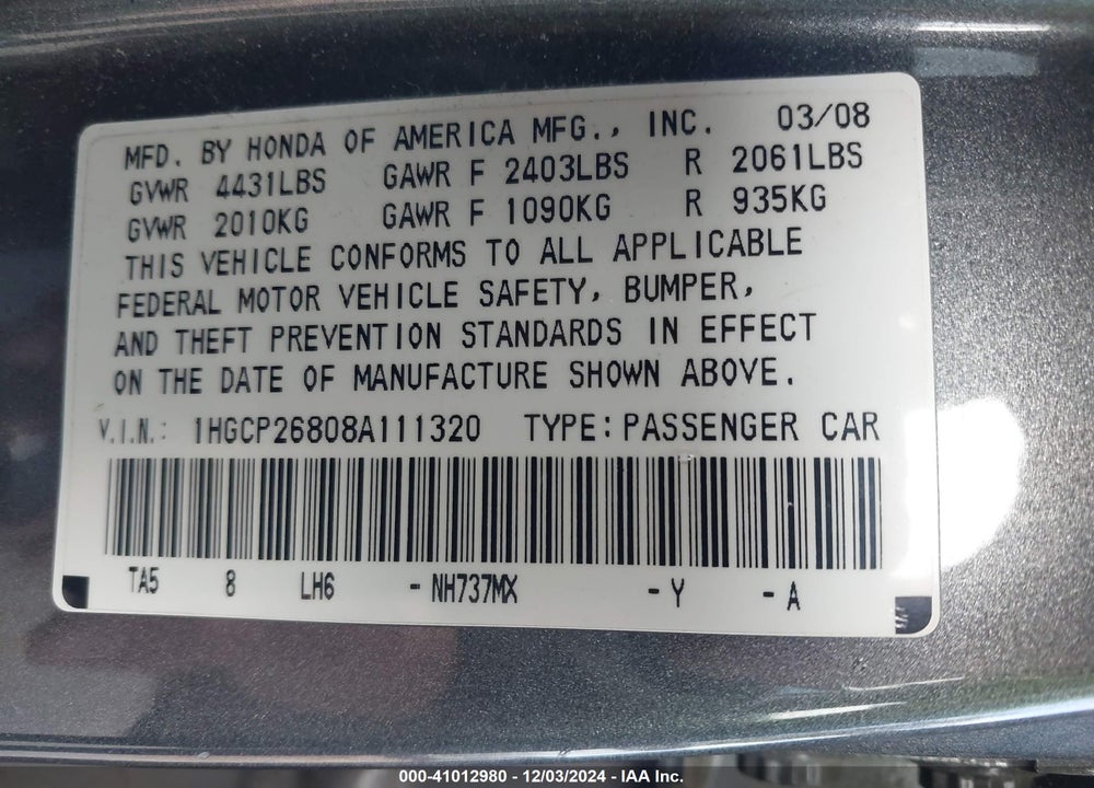 2008 HONDA ACCORD 2.4 EX-L VIN: 1HGCP26808A111320