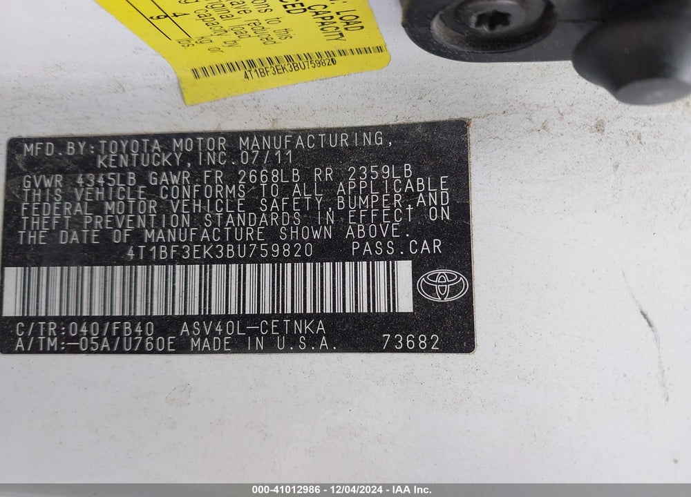 2011 TOYOTA CAMRY LE VIN: 4T1BF3EK3BU759820