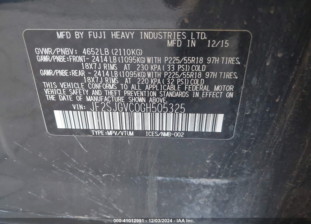 2016 SUBARU FORESTER 2.0XT TOURING VIN: JF2SJGVC0GH505325