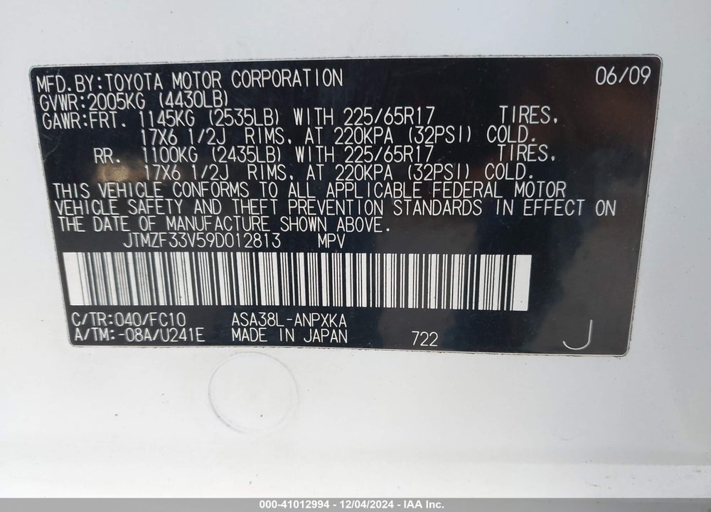 2009 TOYOTA RAV4 VIN: JTMZF33V59D012813