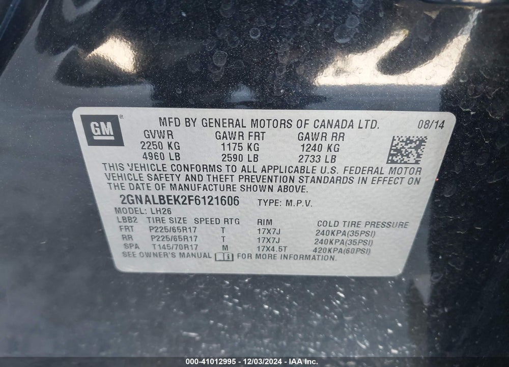2015 CHEVROLET EQUINOX 1LT VIN: 2GNALBEK2F6121606