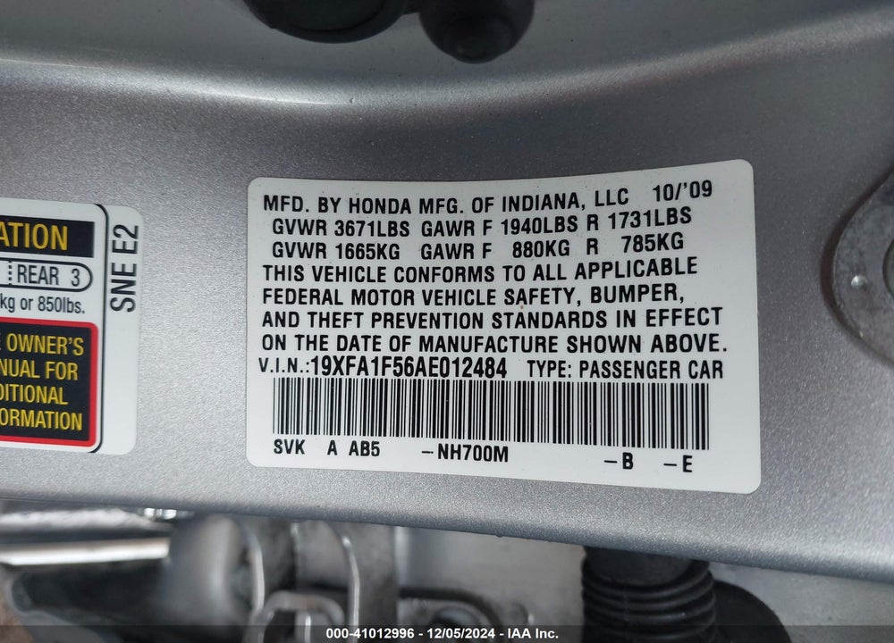 2010 HONDA CIVIC LX VIN: 19XFA1F56AE012484