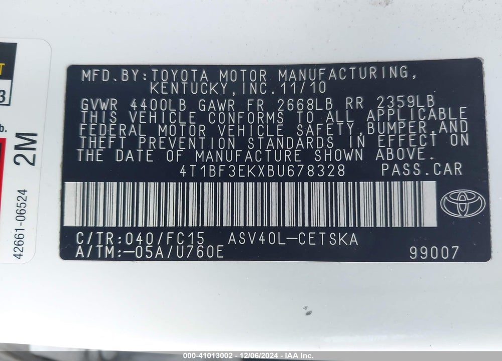 2011 TOYOTA CAMRY SE VIN: 4T1BF3EKXBU678328