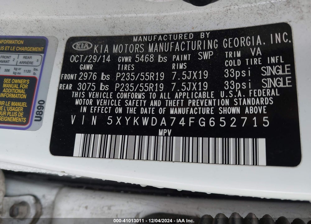 2015 KIA SORENTO LIMITED V6 VIN: 5XYKWDA74FG652715