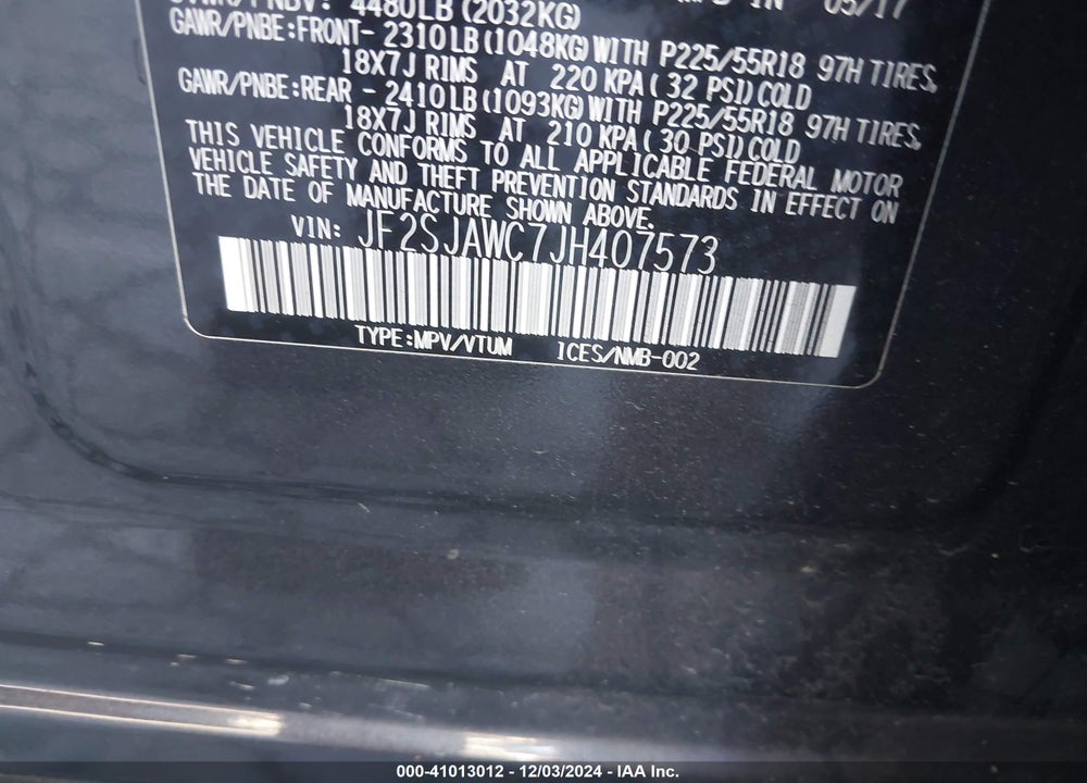 2018 SUBARU FORESTER 2.5I TOURING VIN: JF2SJAWC7JH407573