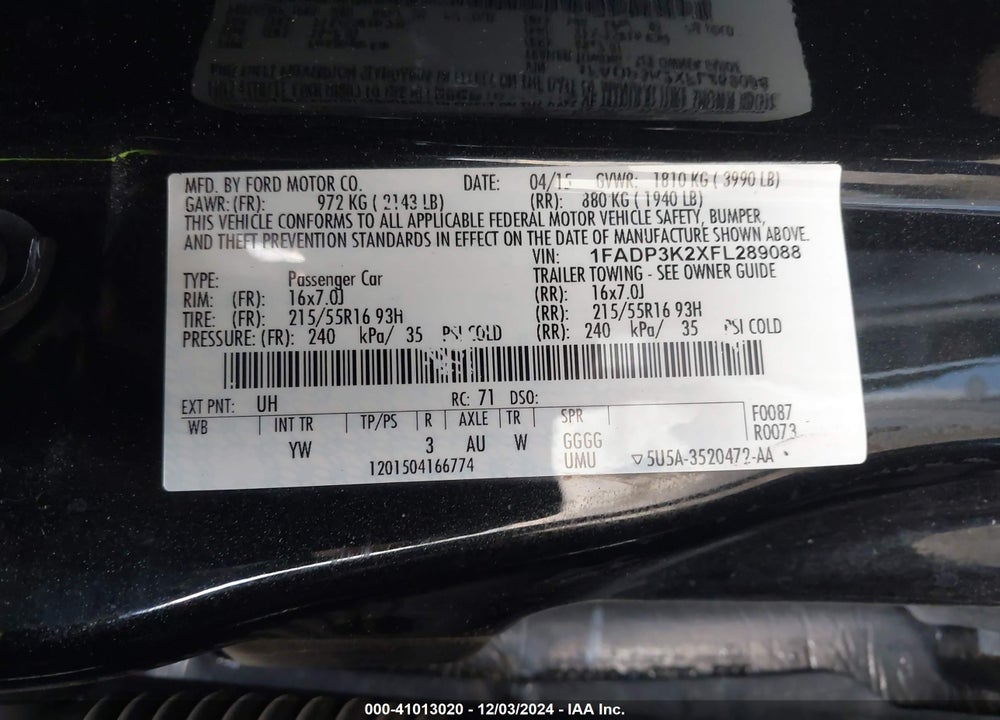 2015 FORD FOCUS SE VIN: 1FADP3K2XFL289088