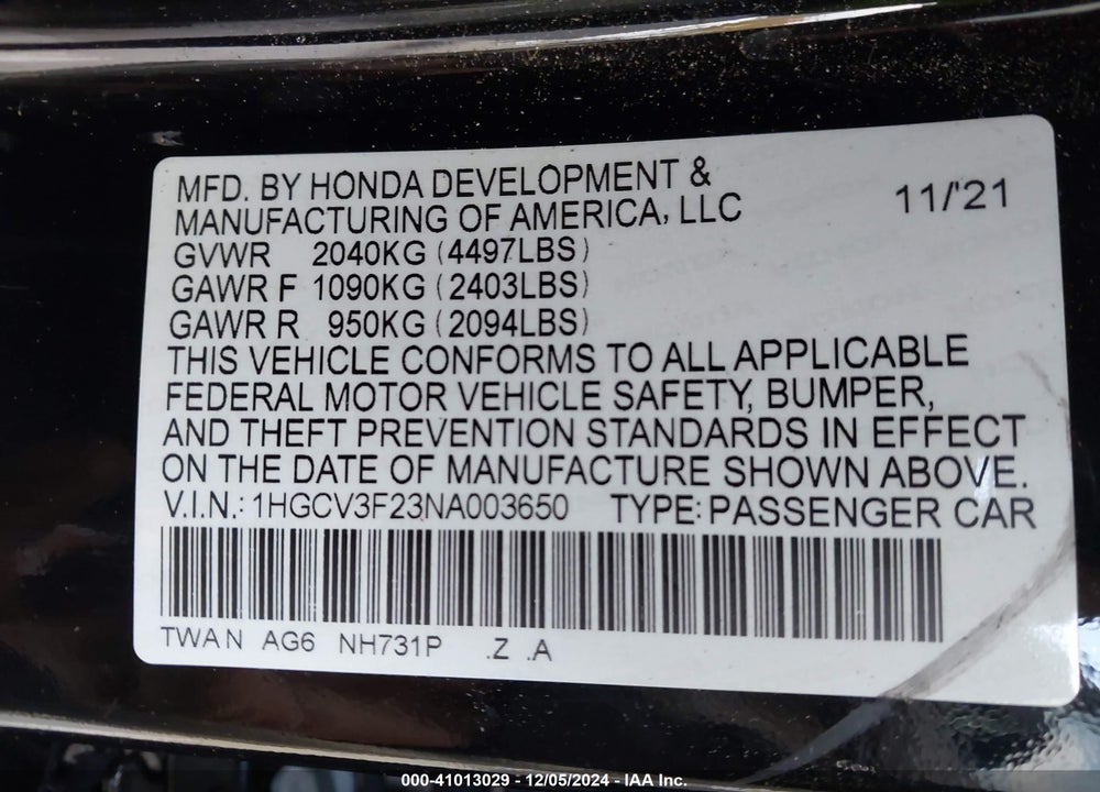 2022 HONDA ACCORD HYBRID SPORT VIN: 1HGCV3F23NA003650