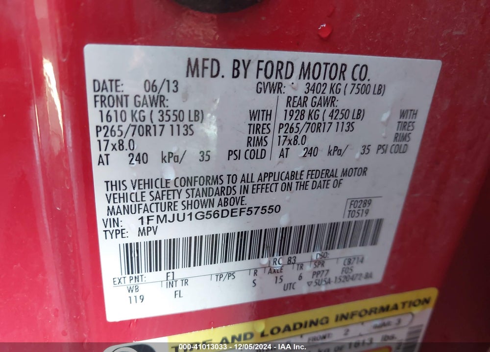 2013 FORD EXPEDITION XL VIN: 1FMJU1G56DEF57550