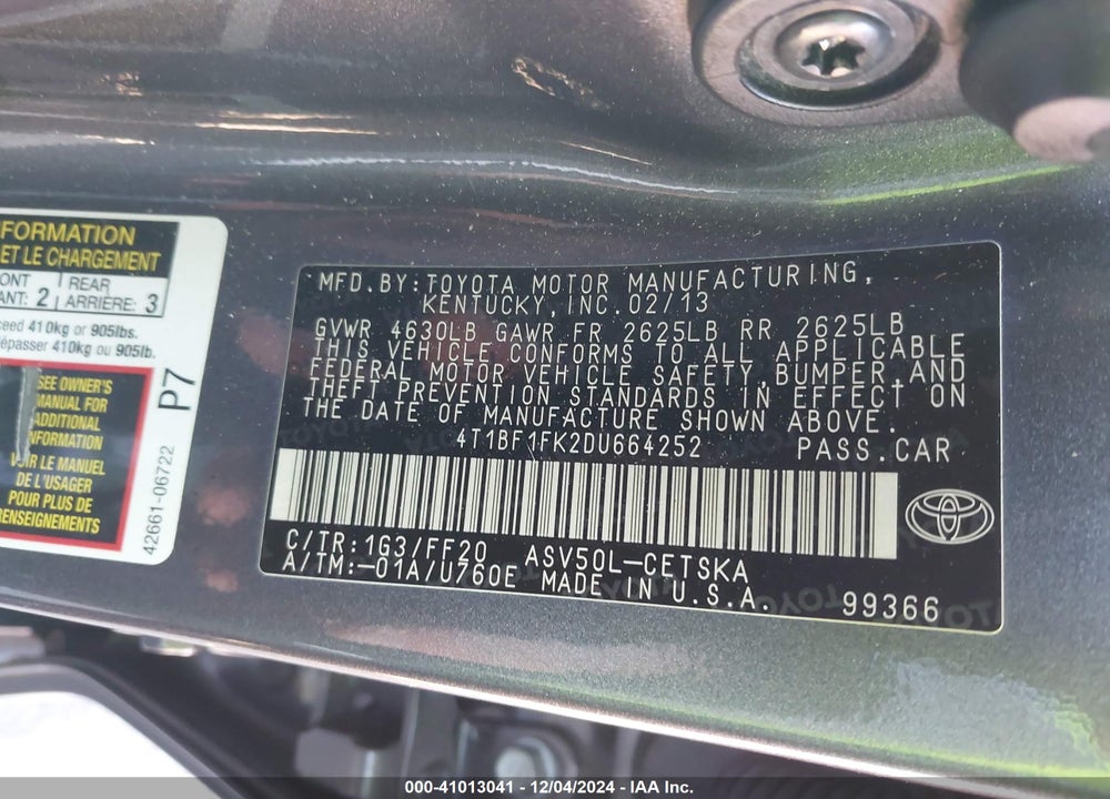 2013 TOYOTA CAMRY SE VIN: 4T1BF1FK2DU664252