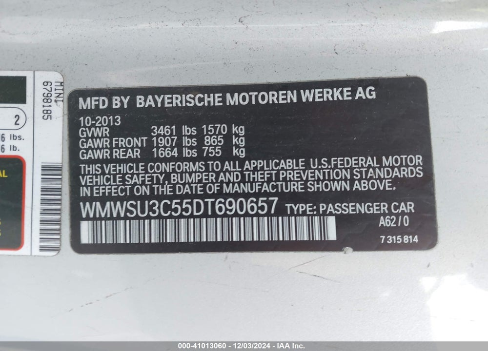 2013 MINI HARDTOP COOPER VIN: WMWSU3C55DT690657