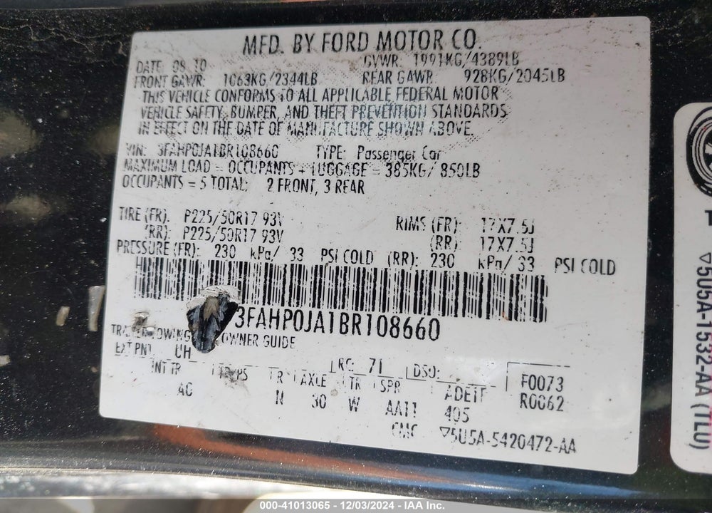 2011 FORD FUSION SEL VIN: 3FAHP0JA1BR108660