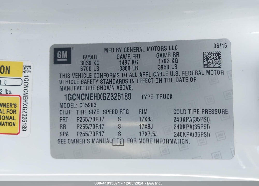 2016 CHEVROLET SILVERADO 1500 WT VIN: 1GCNCNEHXGZ326189