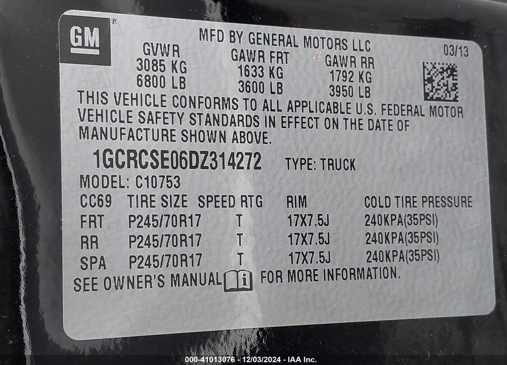 2013 CHEVROLET SILVERADO 1500 LT VIN: 1GCRCSE06DZ314272