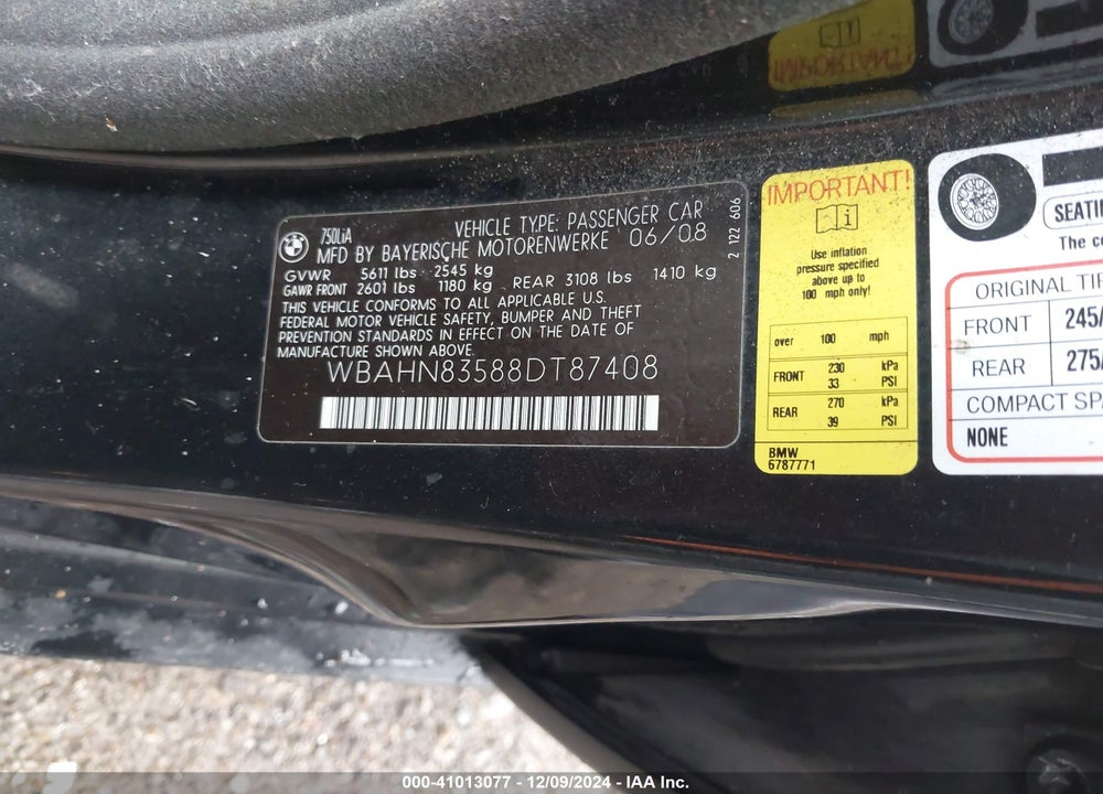 2008 BMW 750LI VIN: WBAHN83588DT87408