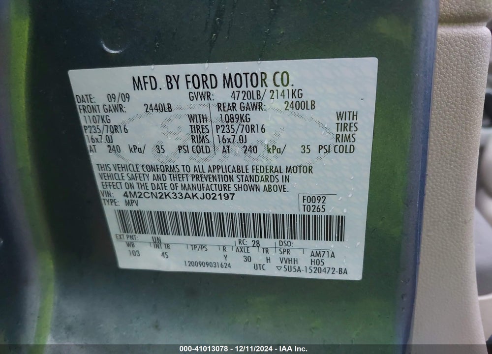 2010 MERCURY MARINER HYBRID VIN: 4M2CN2K33AKJ02197
