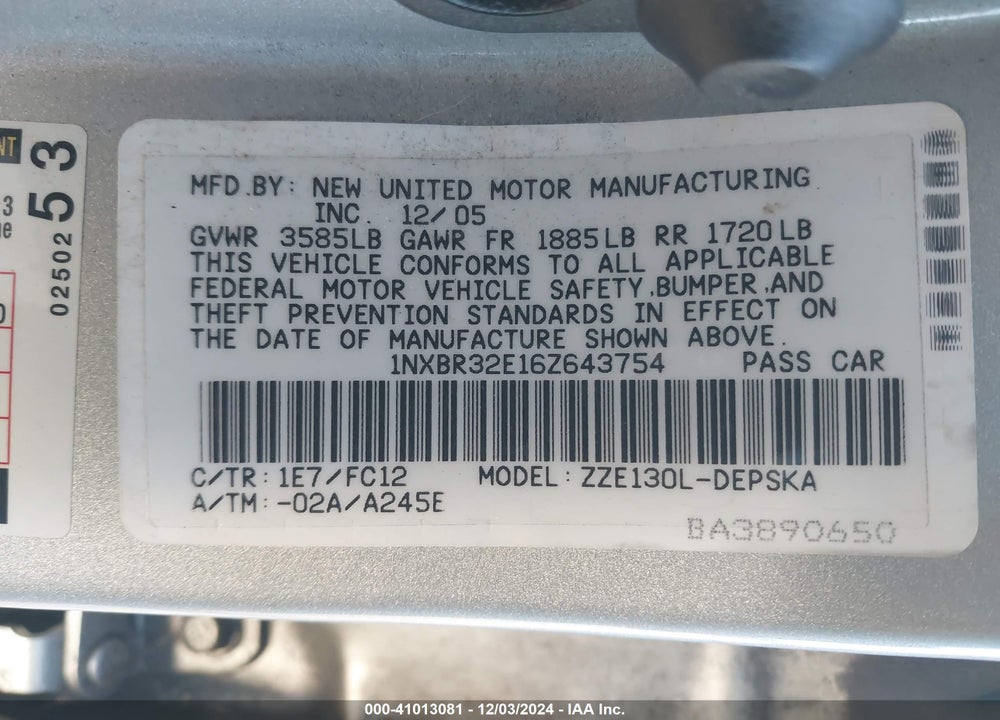 2006 TOYOTA COROLLA S VIN: 1NXBR32E16Z643754
