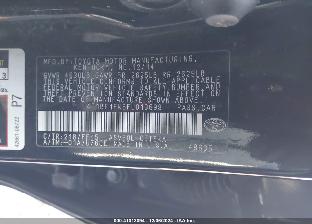 2015 TOYOTA CAMRY SE VIN: 4T1BF1FK5FU013698