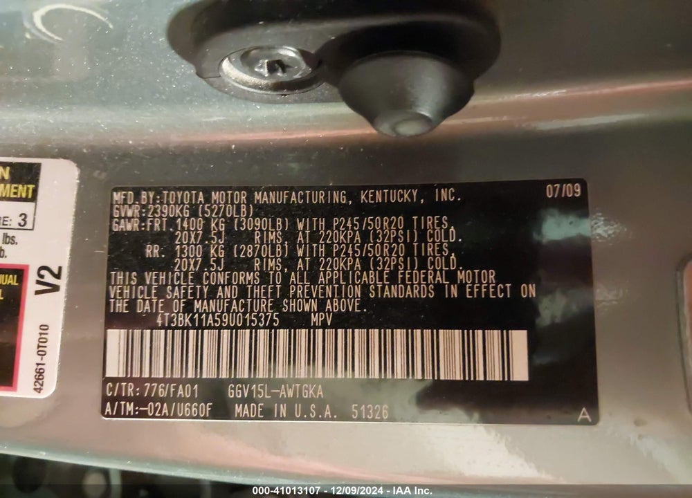 2009 TOYOTA VENZA BASE V6 VIN: 4T3BK11A59U015375