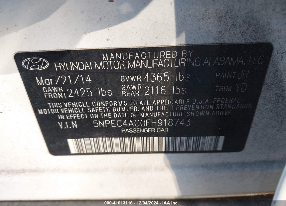 2014 HYUNDAI SONATA LIMITED VIN: 5NPEC4AC0EH918743
