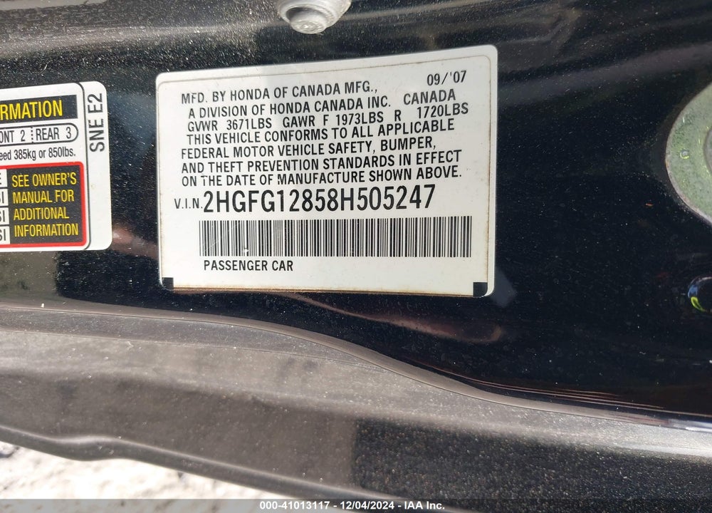 2008 HONDA CIVIC EX VIN: 2HGFG12858H505247