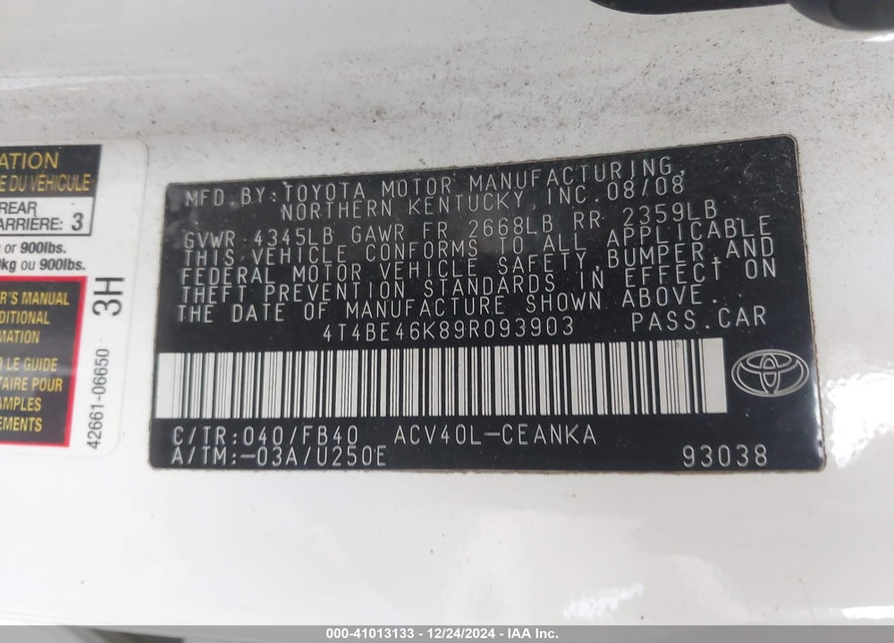 2009 TOYOTA CAMRY VIN: 4T4BE46K89R093903