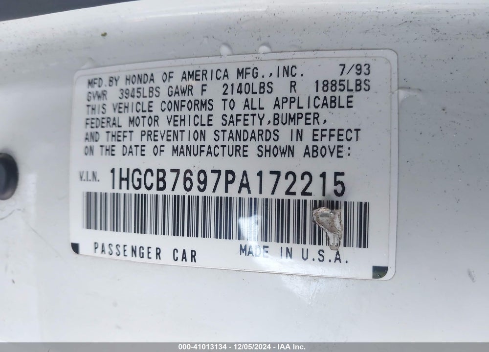 1993 HONDA ACCORD 10TH ANNIVERSARY VIN: 1HGCB7697PA172215