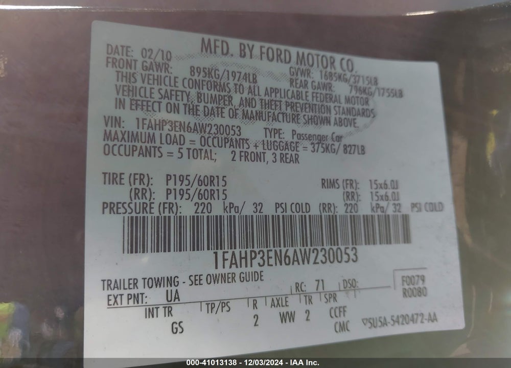 2010 FORD FOCUS S VIN: 1FAHP3EN6AW230053