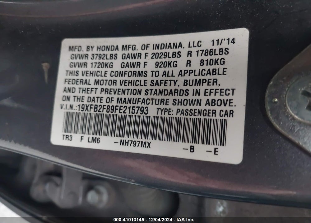 2015 HONDA CIVIC EX VIN: 19XFB2F89FE215793