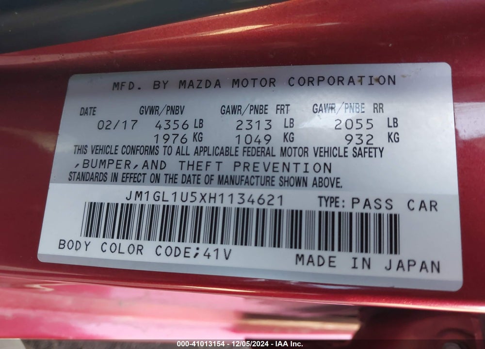 2017 MAZDA 6 SPORT VIN: JM1GL1U5XH1134621