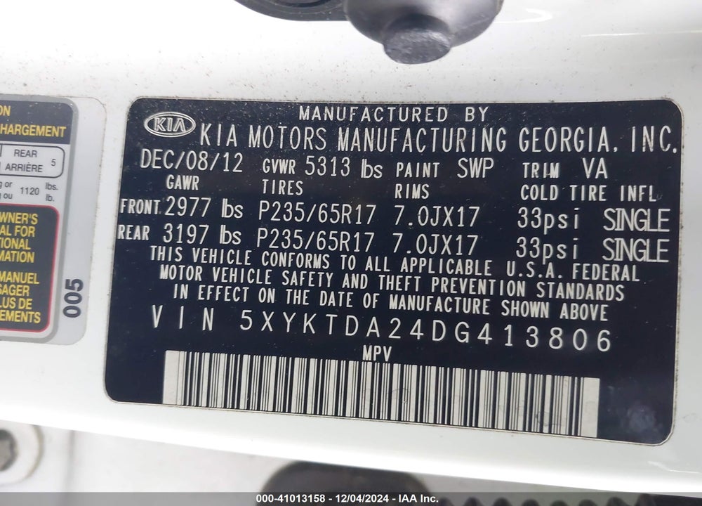 2013 KIA SORENTO LX V6 VIN: 5XYKTDA24DG413806