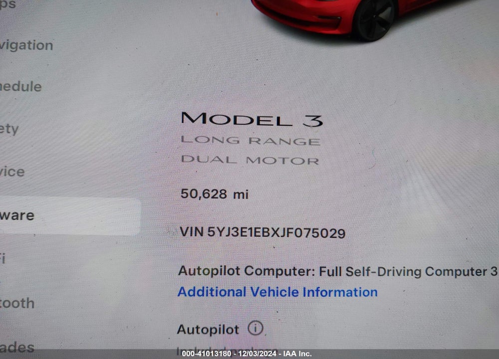 2018 TESLA MODEL 3 LONG RANGE/PERFORMANCE VIN: 5YJ3E1EBXJF075029
