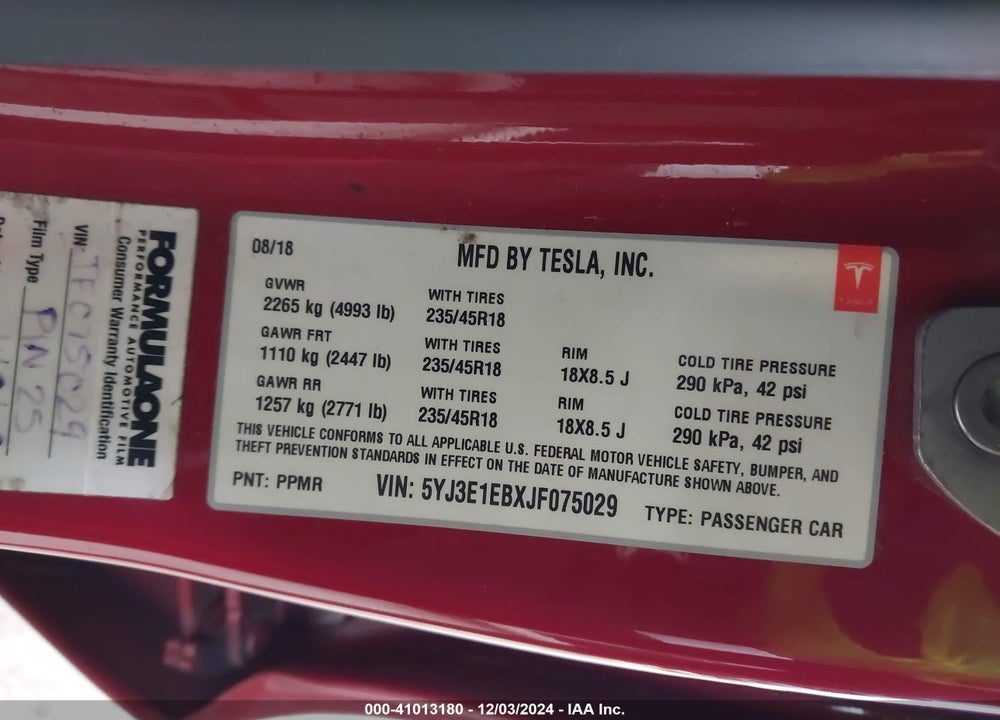 2018 TESLA MODEL 3 LONG RANGE/PERFORMANCE VIN: 5YJ3E1EBXJF075029