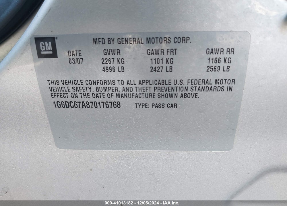 2007 CADILLAC STS V8 VIN: 1G6DC67A870176768